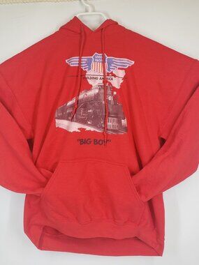 Union Pacific Men's Large Hoodie Red Building America Big Boy Locomotive Print